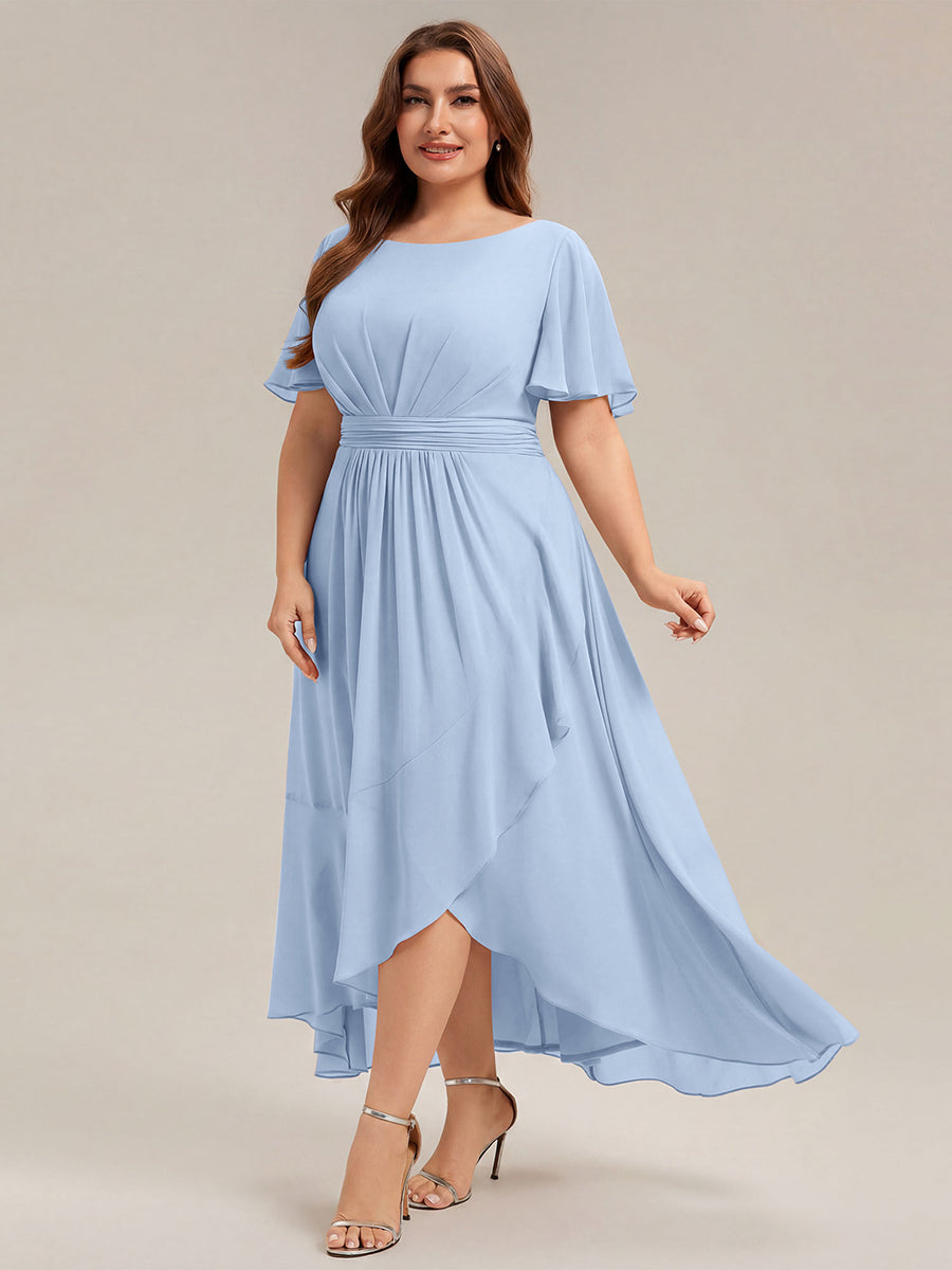 Color=Ice Blue | One Stop Shop Short Sleeve Ruffle Round Neck High-Low Asymmetrical Bridesmaid Dresses-Ice Blue 89