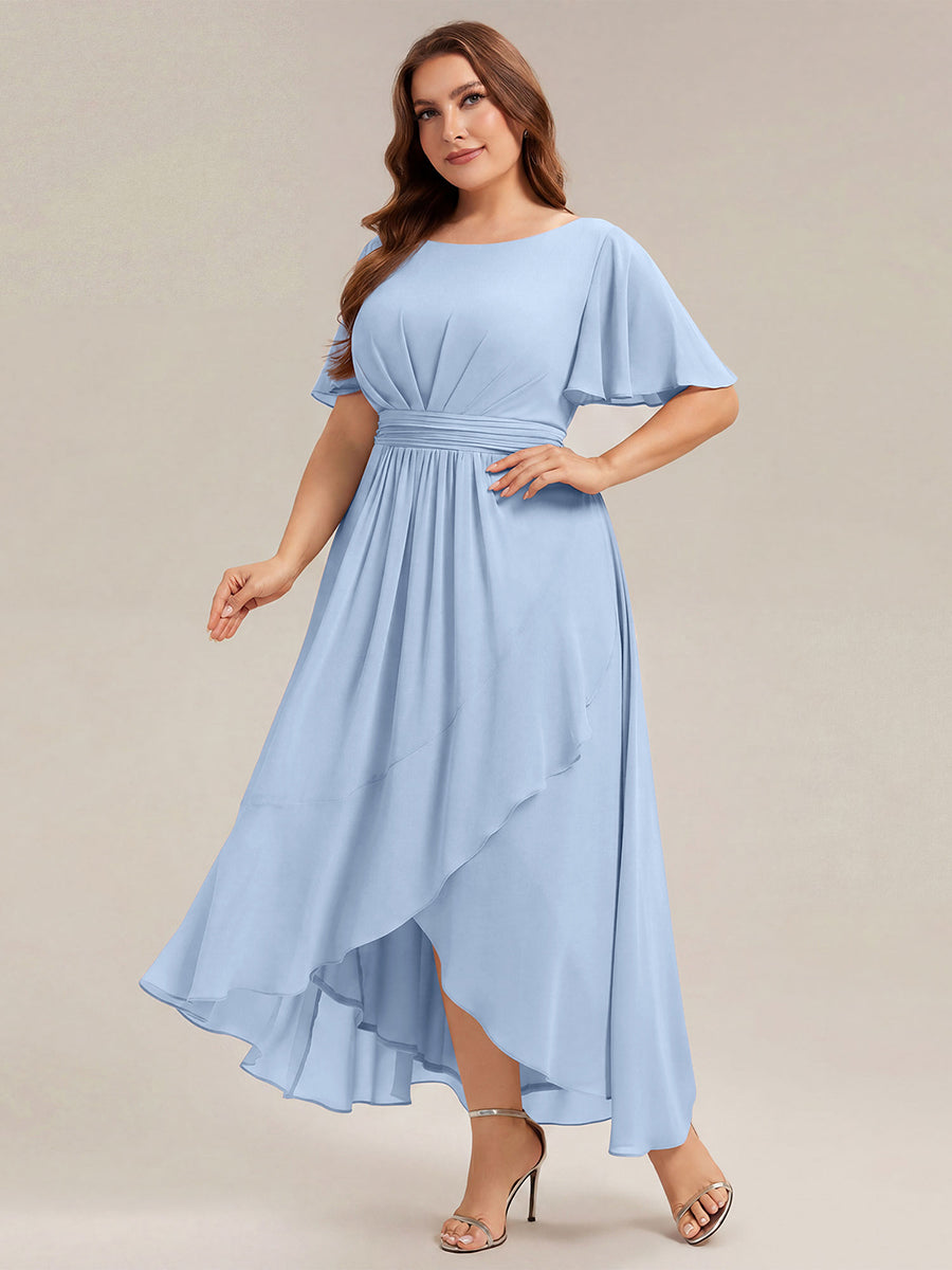 Color=Ice Blue | One Stop Shop Short Sleeve Ruffle Round Neck High-Low Asymmetrical Bridesmaid Dresses-Ice Blue 90