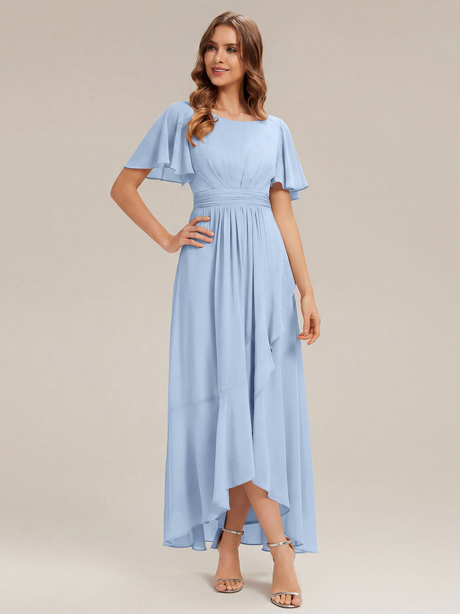 Color=Ice Blue | One Stop Shop Short Sleeve Ruffle Round Neck High-Low Asymmetrical Bridesmaid Dresses-Ice Blue 85