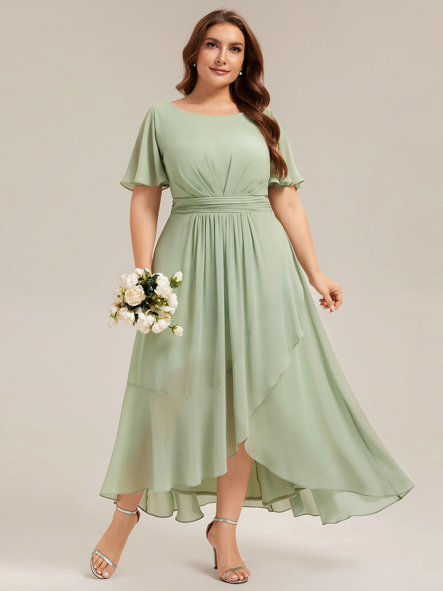 Color=Mint Green | Commercial Wholesale Short Sleeve Ruffled Round Neck High-Low Asymmetrical Bridesmaid Dresses-Mint Green 6