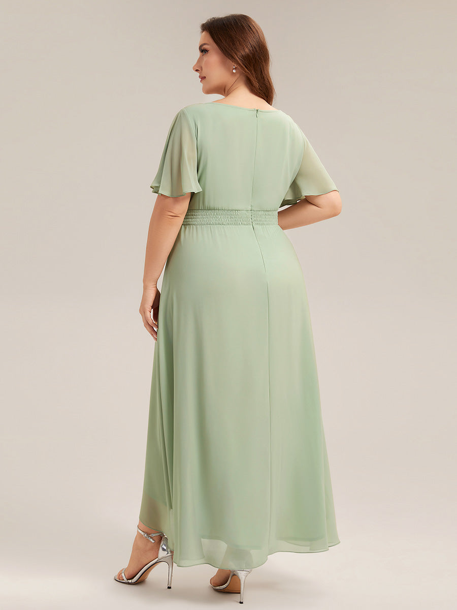 Color=Mint Green | Commercial Wholesale Short Sleeve Ruffled Round Neck High-Low Asymmetrical Bridesmaid Dresses-Mint Green 7