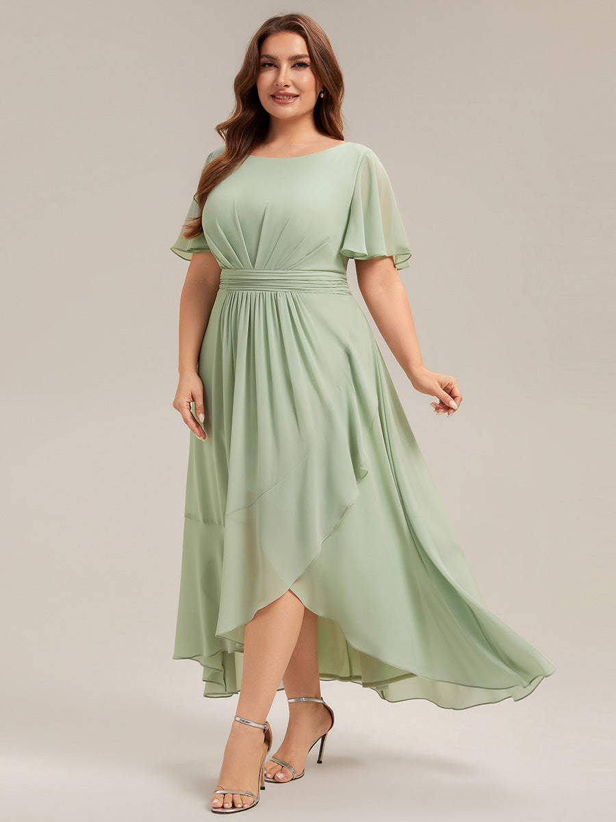 Color=Mint Green | Commercial Wholesale Short Sleeve Ruffled Round Neck High-Low Asymmetrical Bridesmaid Dresses-Mint Green 9