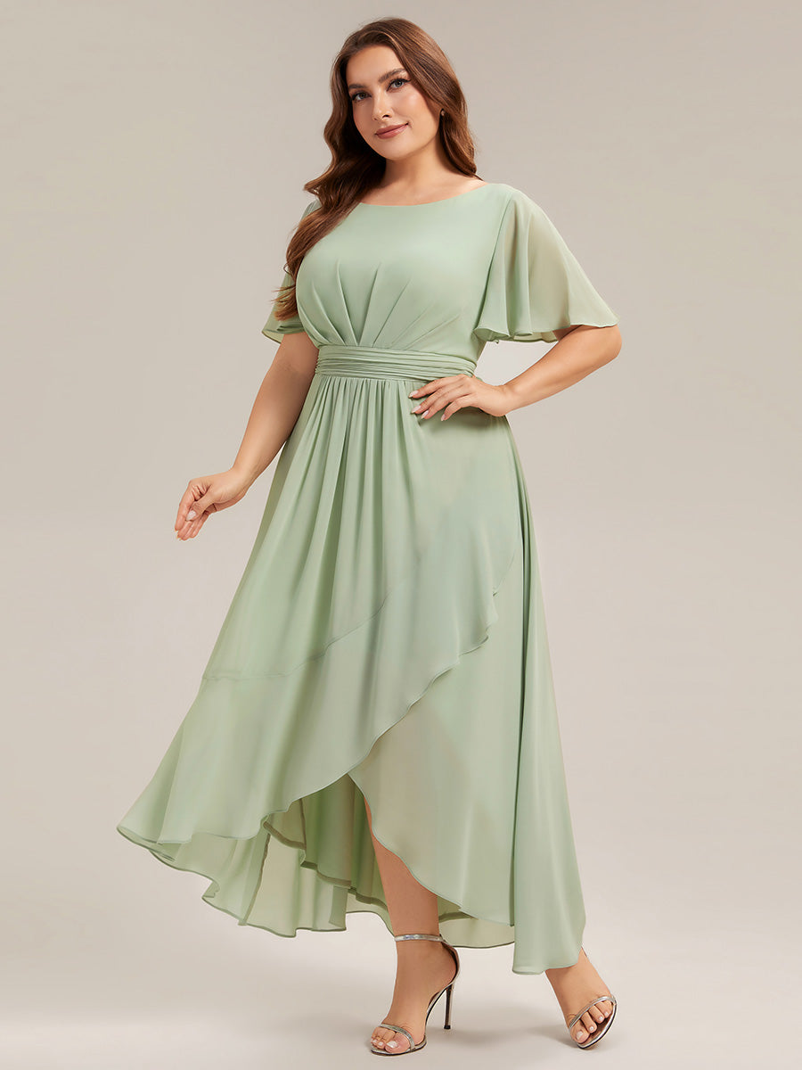 Color=Mint Green | One Stop Shop Short Sleeve Ruffle Round Neck High-Low Asymmetrical Bridesmaid Dresses-Mint Green 100