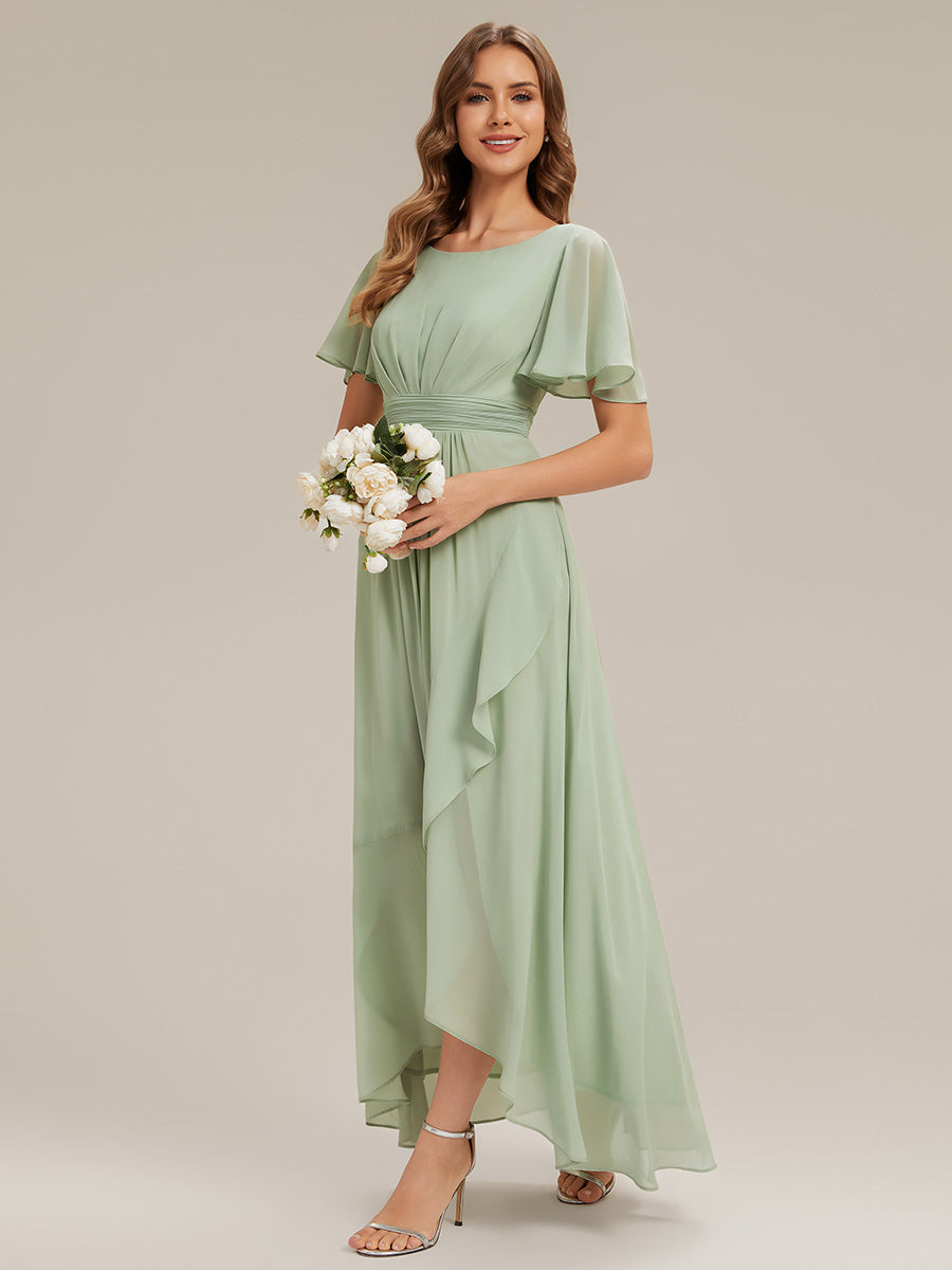 Color=Mint Green | Commercial Wholesale Short Sleeve Ruffled Round Neck High-Low Asymmetrical Bridesmaid Dresses-Mint Green 4