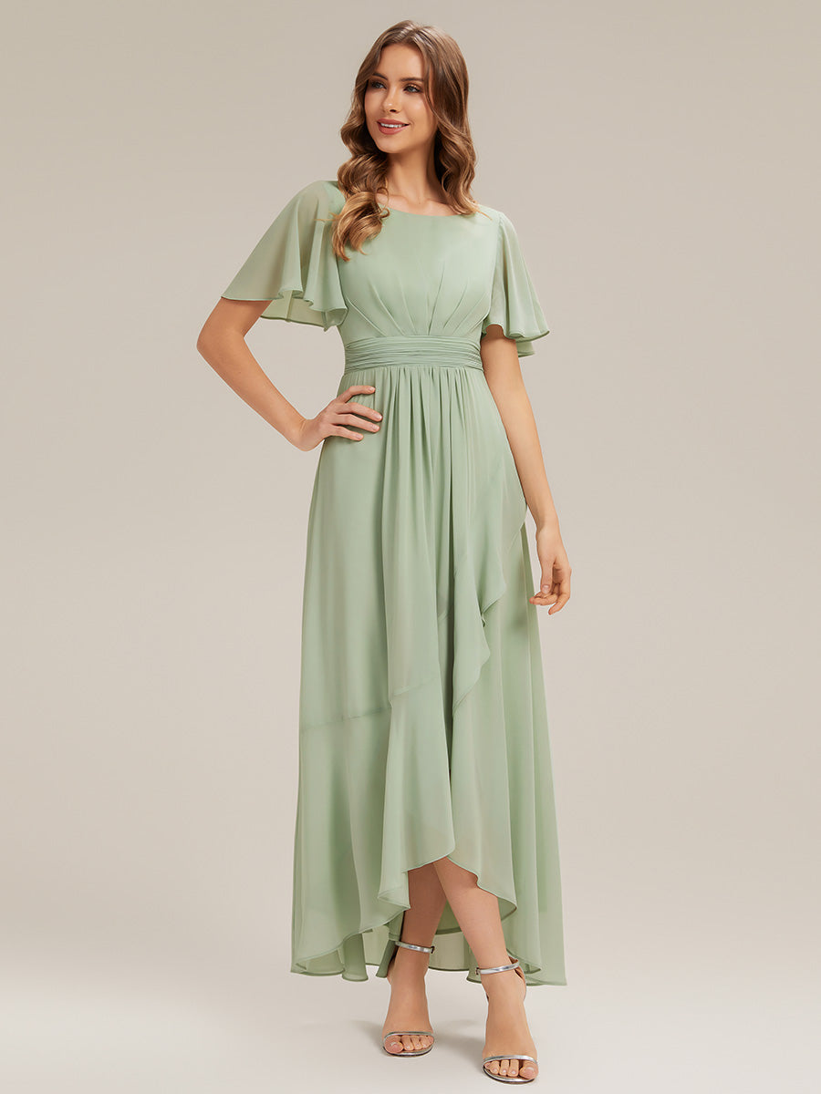 Color=Mint Green | Commercial Wholesale Short Sleeve Ruffled Round Neck High-Low Asymmetrical Bridesmaid Dresses-Mint Green 5