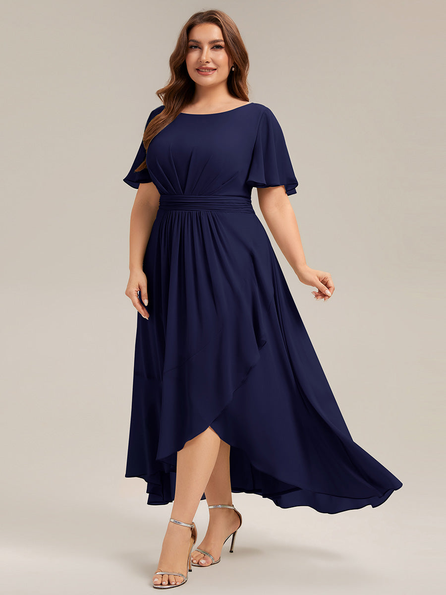 Color=Navy Blue | Commercial Wholesale Short Sleeve Ruffled Round Neck High-Low Asymmetrical Bridesmaid Dresses-Navy Blue 19