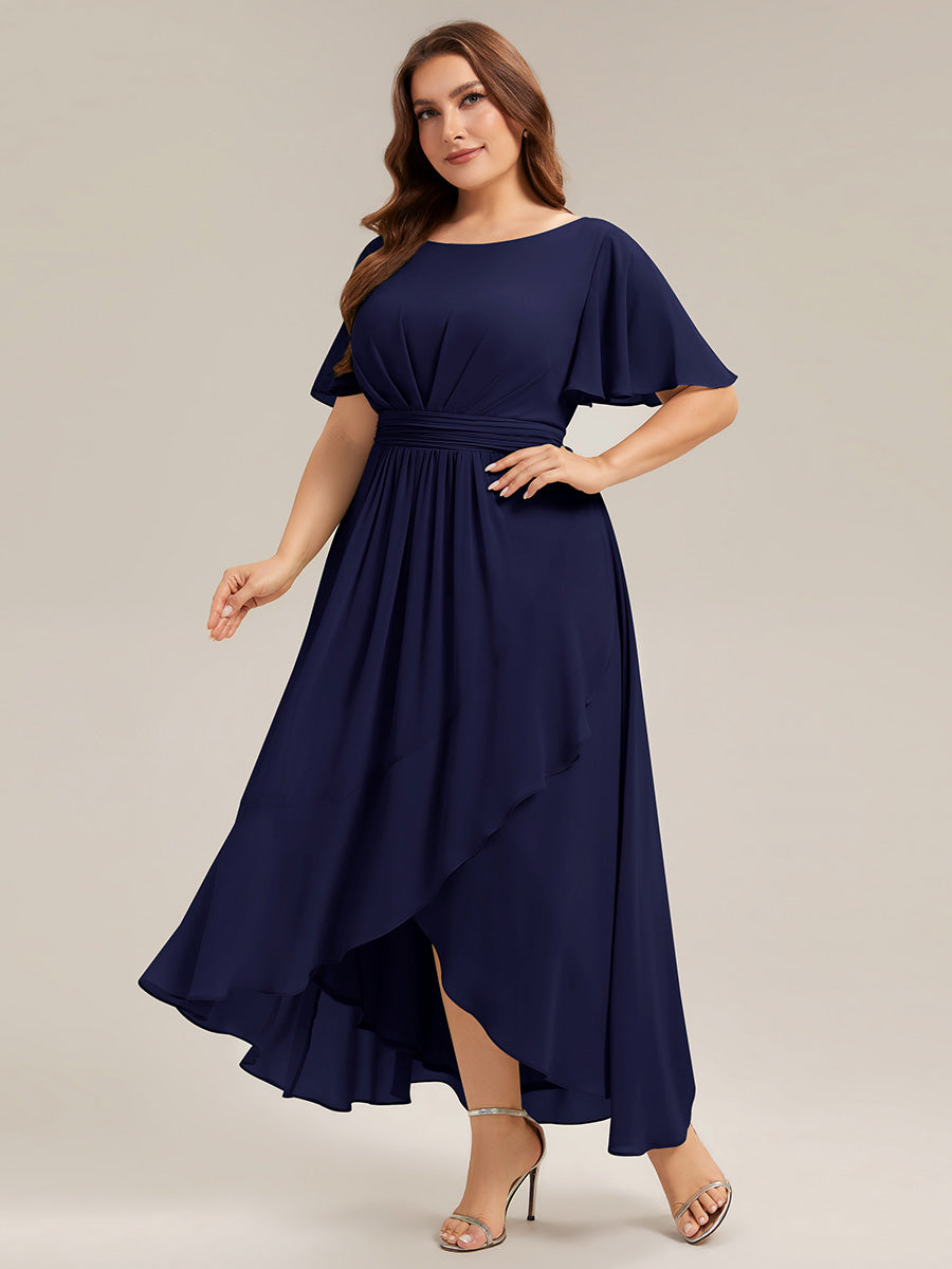 Color=Navy Blue | One Stop Shop Short Sleeve Ruffle Round Neck High-Low Asymmetrical Bridesmaid Dresses-Navy Blue 110
