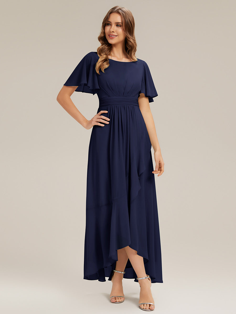 Color=Navy Blue | Commercial Wholesale Short Sleeve Ruffled Round Neck High-Low Asymmetrical Bridesmaid Dresses-Navy Blue 15