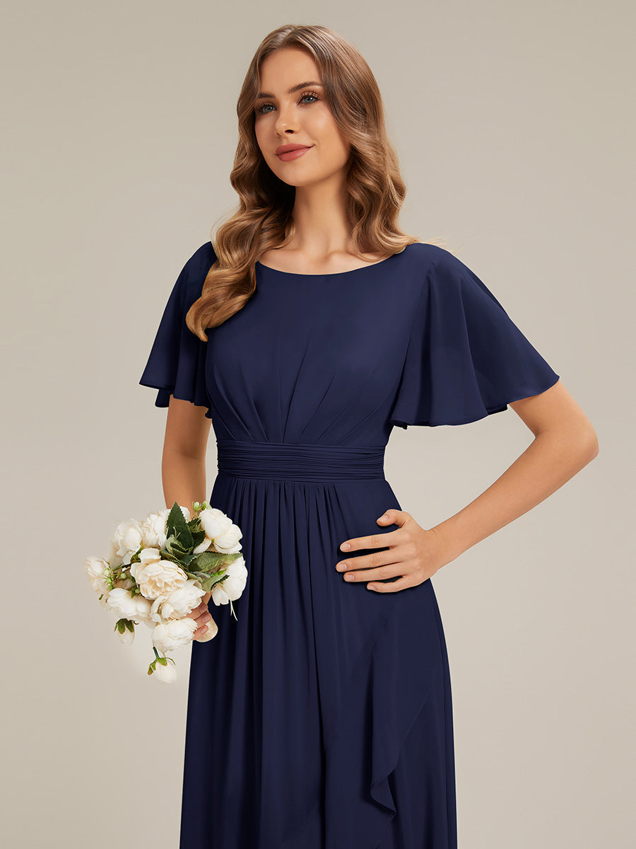 Color=Navy Blue | Commercial Wholesale Short Sleeve Ruffled Round Neck High-Low Asymmetrical Bridesmaid Dresses-Navy Blue 13