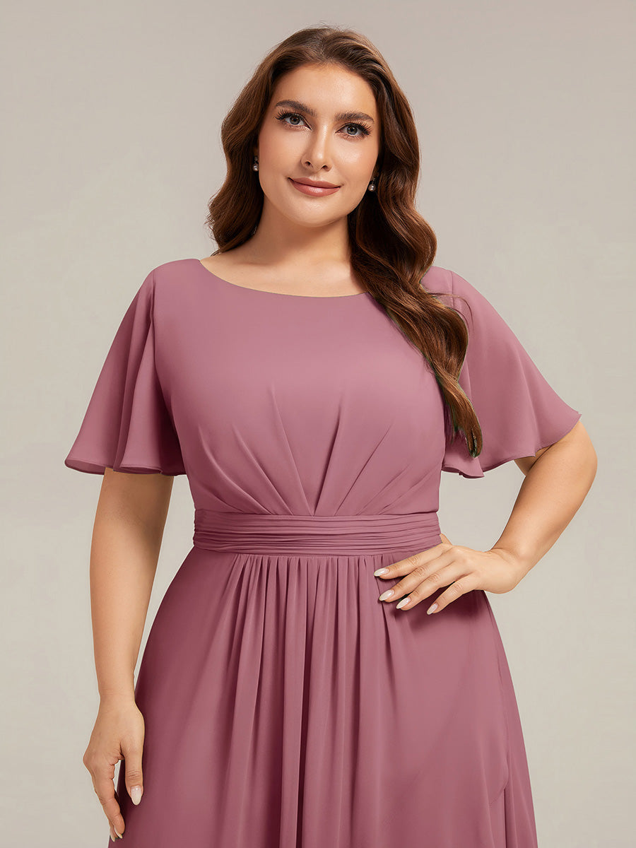 Color=Purple Orchid | Commercial Wholesale Short Sleeve Ruffle Round Neck High-Low Asymmetrical Bridesmaid Dresses-Purple Orchid 8