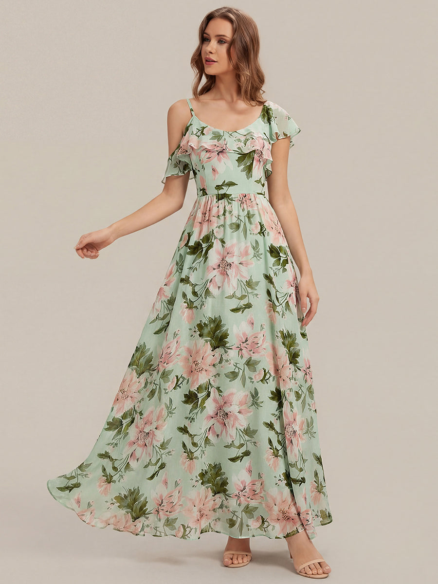 Color=Light Green Floral | Volume Discounts Short Sleeve Ruffle Asymmetrical A-Line Floor Length Bridesmaid Dresses-Light Green Floral 1