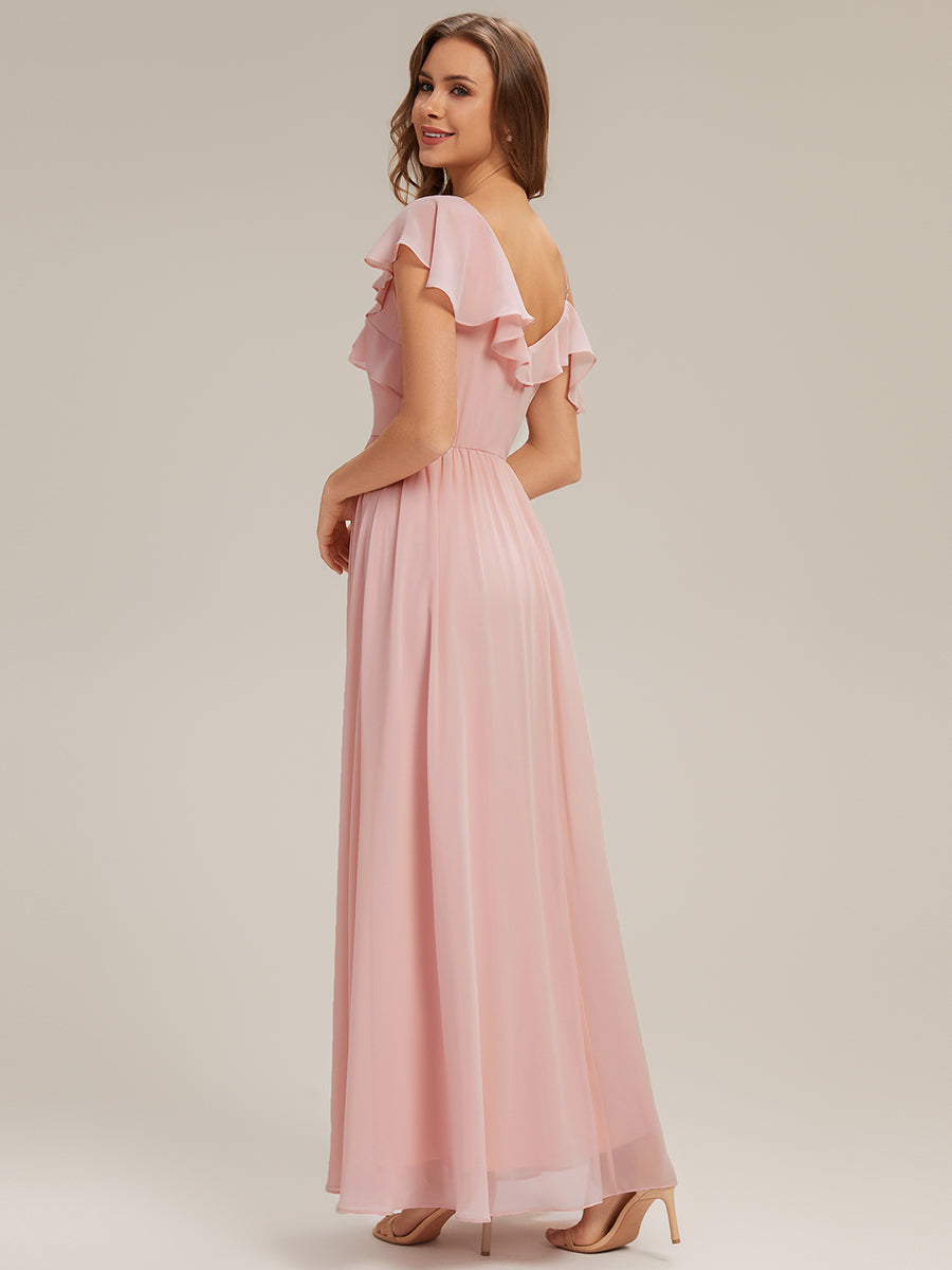 Color=Pink | Volume Discounts Short Sleeve Ruffle Asymmetrical A-Line Floor Length Bridesmaid Dresses-Pink 12