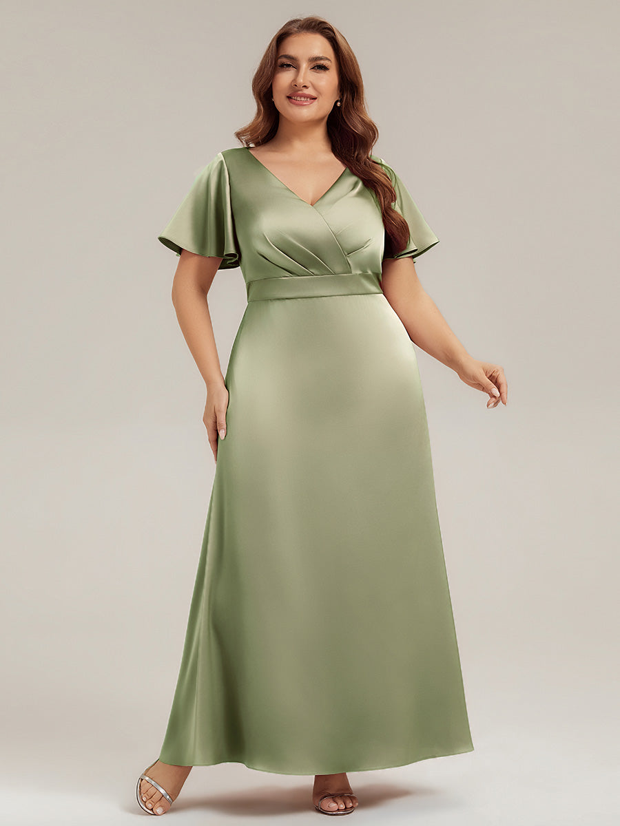 Color=Sage Green | Factory Design Short Sleeve Ruffle V-Neck A-Line Maxi Dress with Back Zipper Bridesmaid Dresses-Sage Green 16