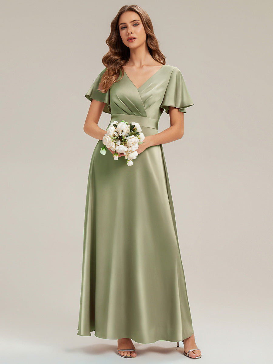 Color=Sage Green | Factory Design Short Sleeve Ruffle V-Neck A-Line Maxi Dress with Back Zipper Bridesmaid Dresses-Sage Green 11