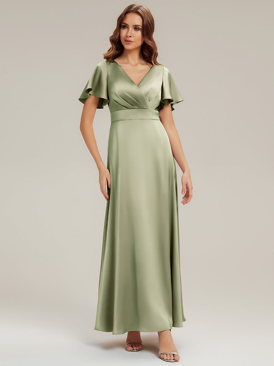 Color=Sage Green | Factory Design Short Sleeve Ruffle V-Neck A-Line Maxi Dress with Back Zipper Bridesmaid Dresses-Sage Green 14