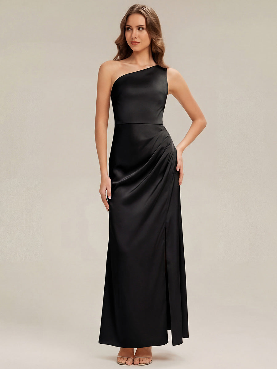 Color=Black | Bulk Order Strapless One Shoulder Sheath Non-Stretch Floor Length Bridesmaid Dresses-Black 1