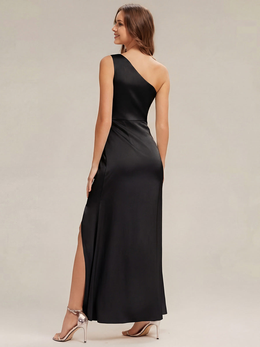 Color=Black | Bulk Order Strapless One Shoulder Sheath Non-Stretch Floor Length Bridesmaid Dresses-Black 2