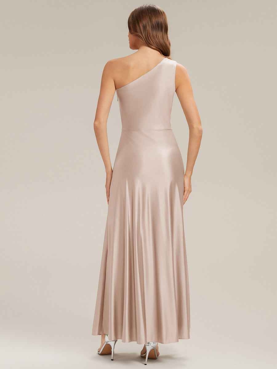 Color=Champagne | Bulk Order Sleeveless A-Line High Stretch Asymmetrical Floor Length Dress with Thigh-High Slit, Bridesmaid Dresses-Champagne 2