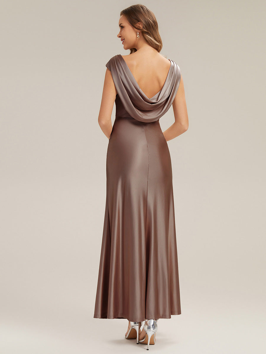 Color=Brown | Commercial Wholesale Strapless Gathered Cowl Neck High Stretch A-Line Floor Length Bridesmaid Dresses-Brown 2