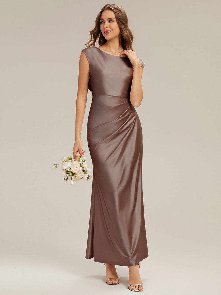 Color=Brown | Commercial Wholesale Strapless Gathered Cowl Neck High Stretch A-Line Floor Length Bridesmaid Dresses-Brown 4