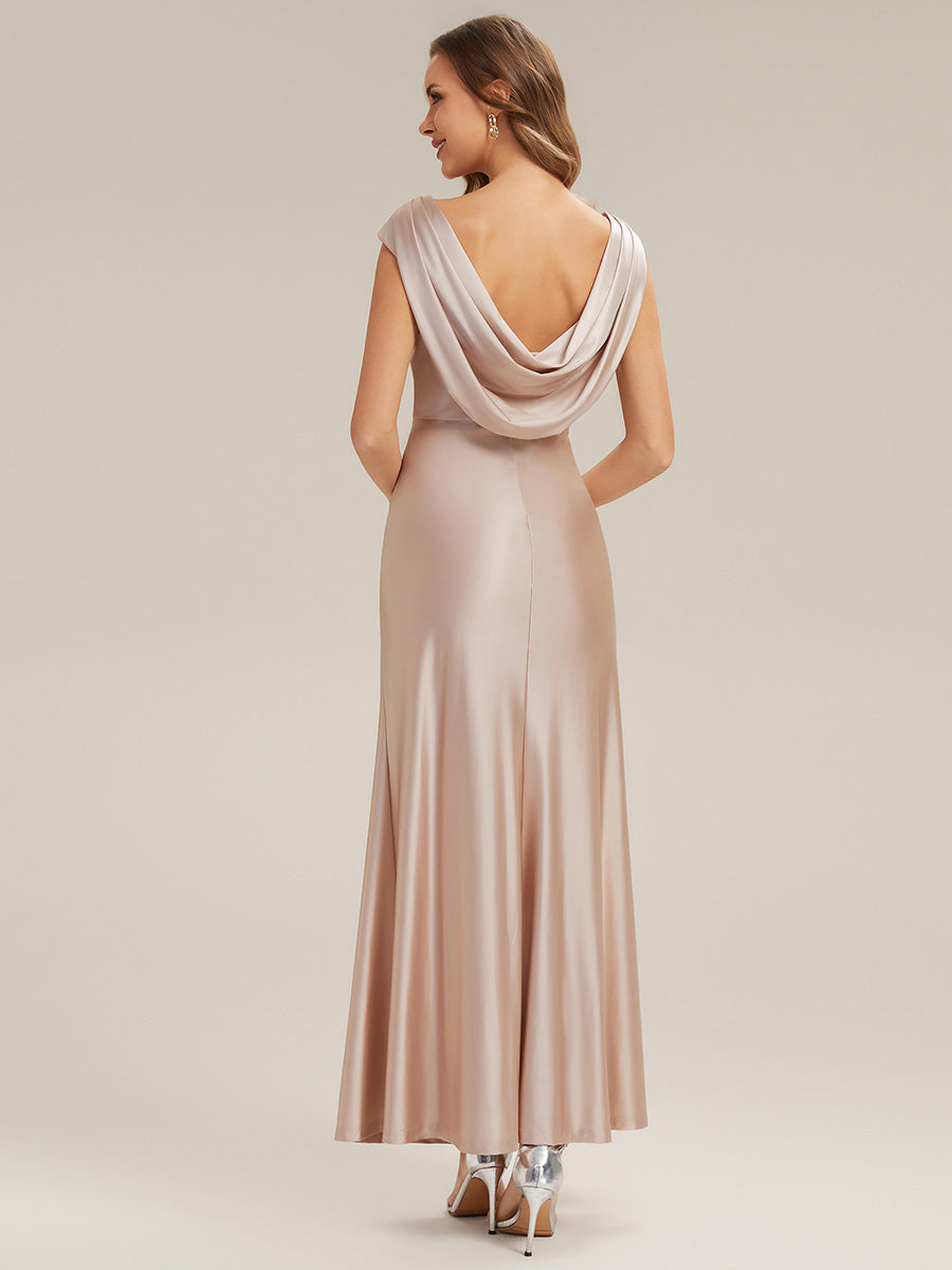 Color=Champagne | Commercial Wholesale Strapless Gathered Cowl Neck High Stretch A-Line Floor Length Bridesmaid Dresses-Champagne 7