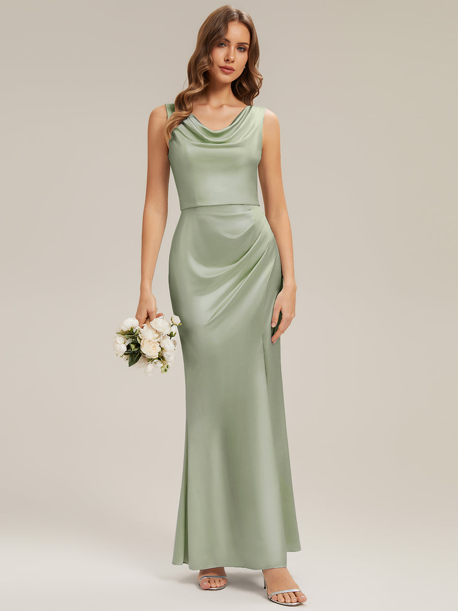 Color=Sage Green | One Stop Shop Sleeveless High Stretch Cowl Neck Fishtail Floor Length Bridesmaid Dresses-Sage Green 16