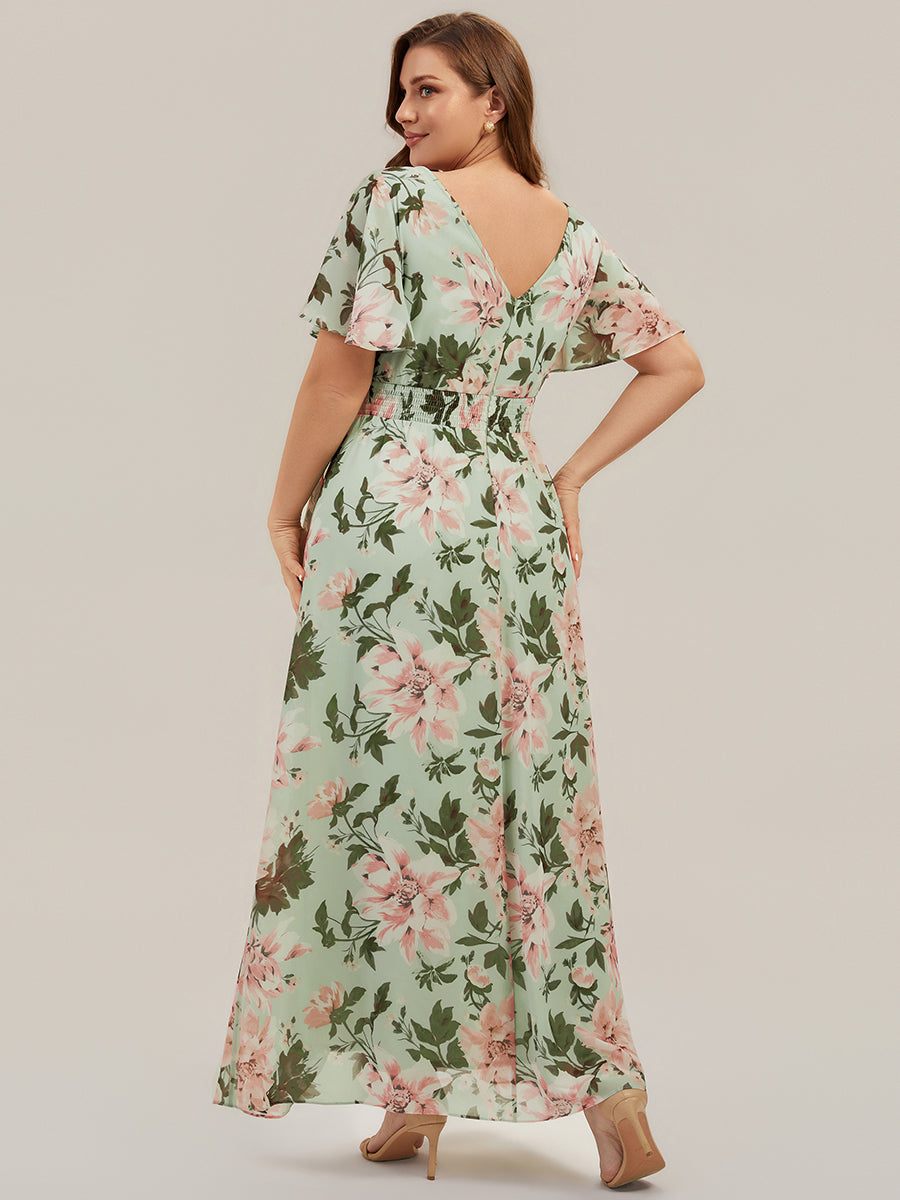 Color=Light Green Floral | B2B-Exclusive Short Sleeve Ruffled Deep V-Neck Asymmetrical High-Low Bridesmaid Dresses-Light Green Floral 17