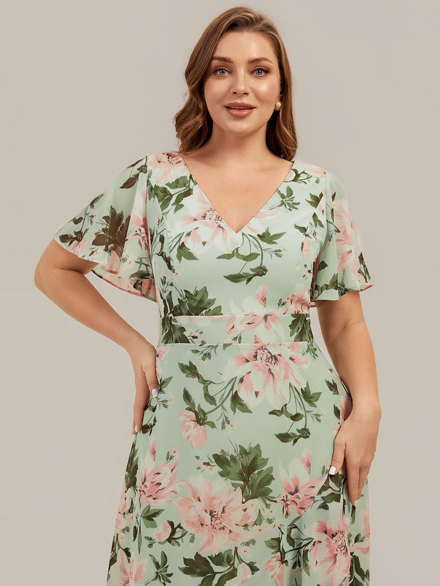 Color=Light Green Floral | B2B-Exclusive Short Sleeve Ruffled Deep V-Neck Asymmetrical High-Low Bridesmaid Dresses-Light Green Floral 18