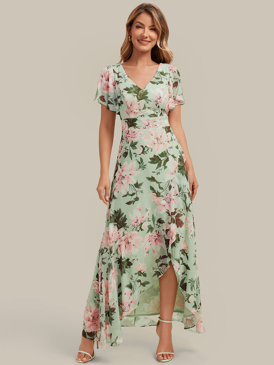 Color=Light Green Floral | B2B-Exclusive Short Sleeve Ruffled Deep V-Neck Asymmetrical High-Low Bridesmaid Dresses-Light Green Floral 15