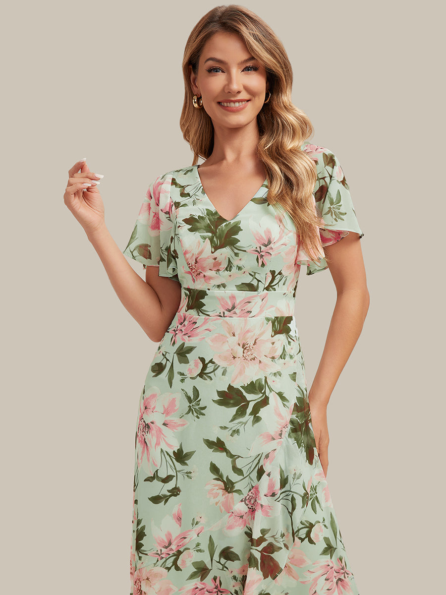 Color=Light Green Floral | B2B-Exclusive Short Sleeve Ruffled Deep V-Neck Asymmetrical High-Low Bridesmaid Dresses-Light Green Floral 13