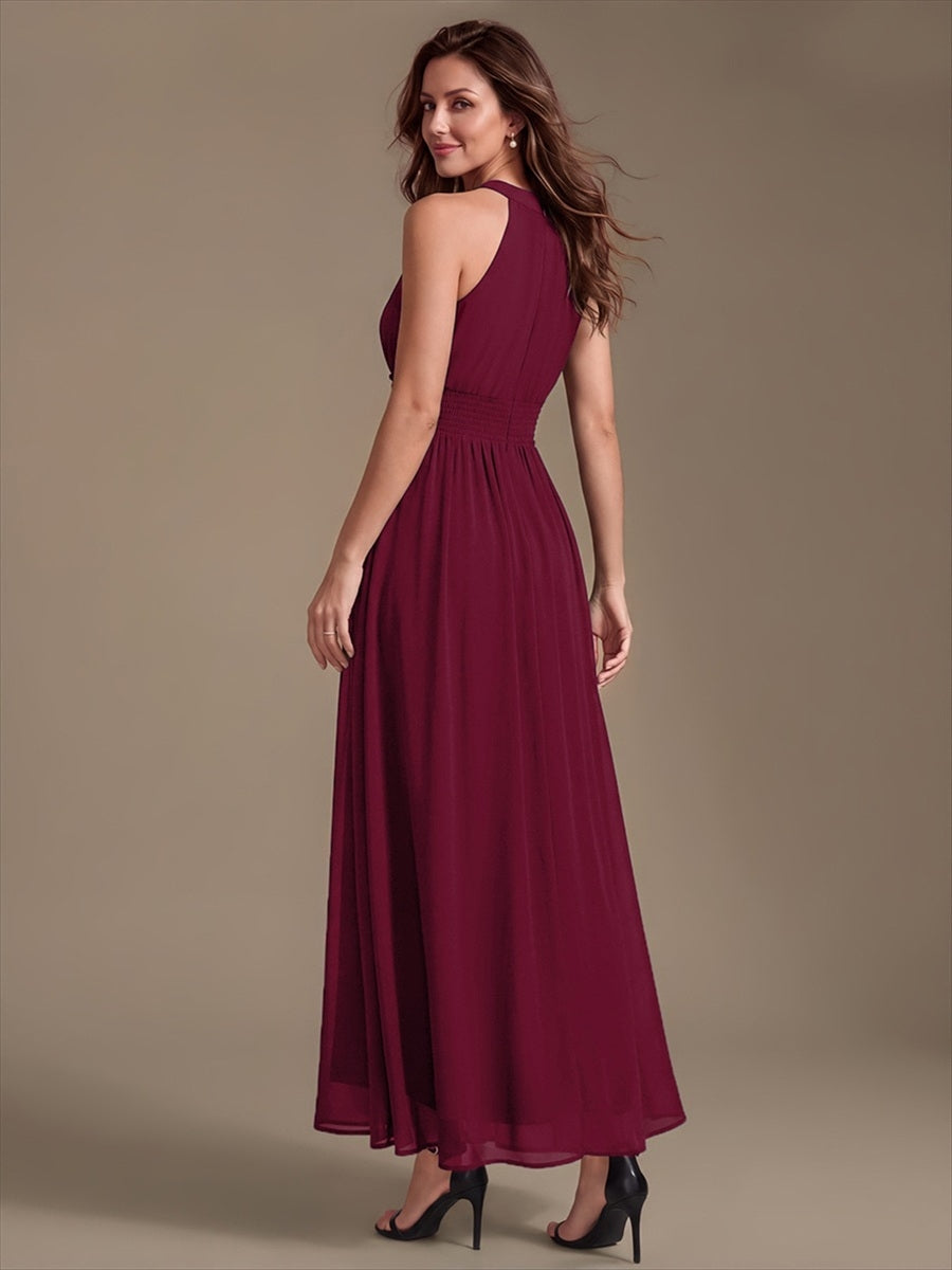 Color=Burgundy | Corset Sash Halter Chiffon A-Line Maxi Bridesmaid Dress-Burgundy 2
