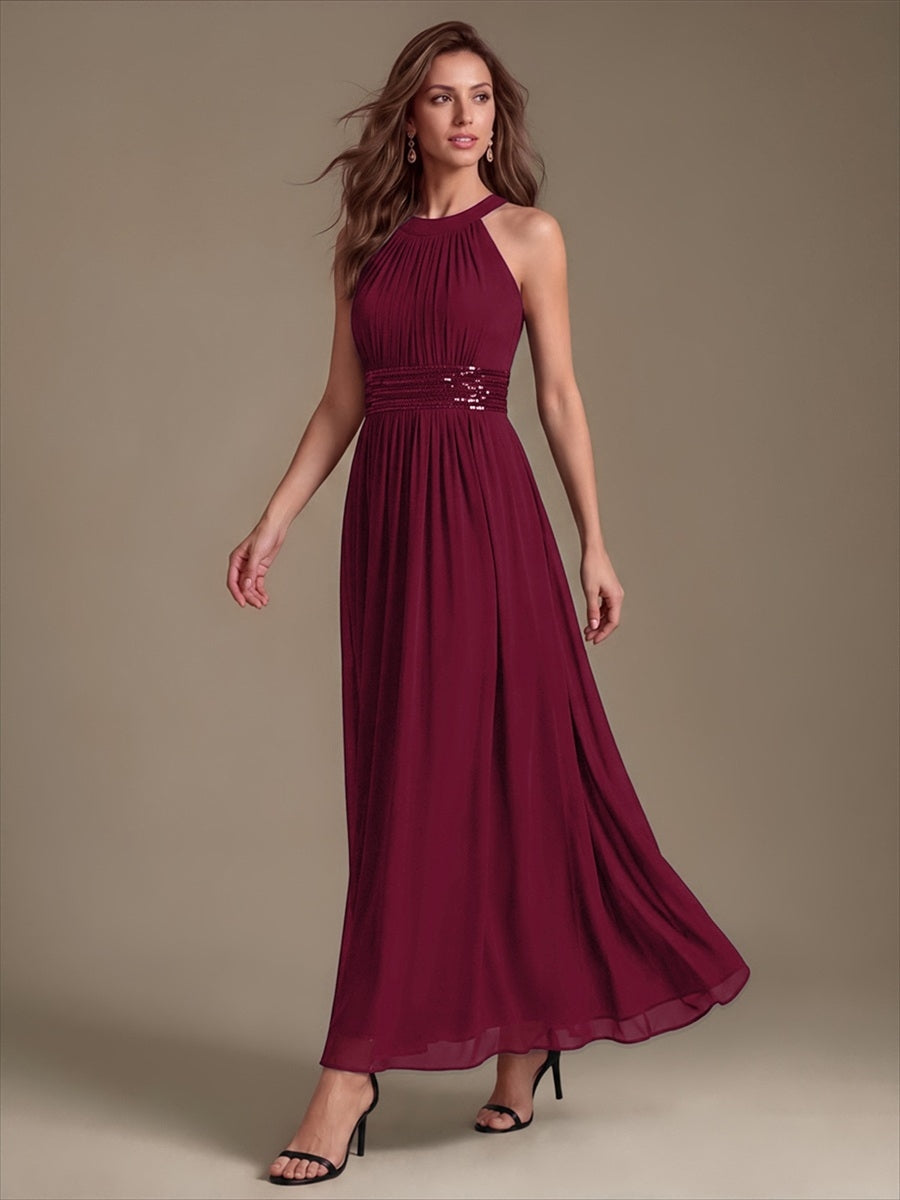 Color=Burgundy | Corset Sash Halter Chiffon A-Line Maxi Bridesmaid Dress-Burgundy 4