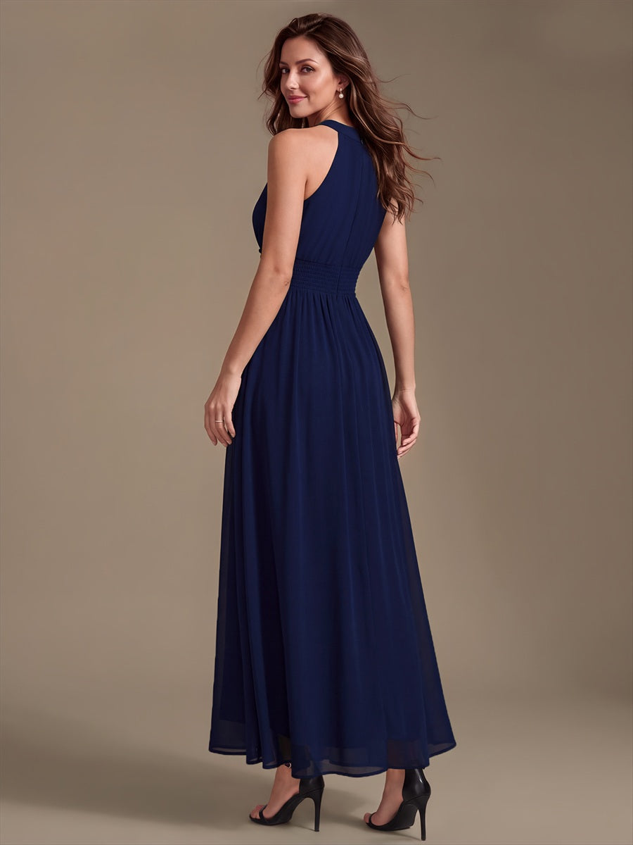 Color=Navy Blue | Corset Sash Halter Chiffon A-Line Maxi Bridesmaid Dress-Navy Blue 2