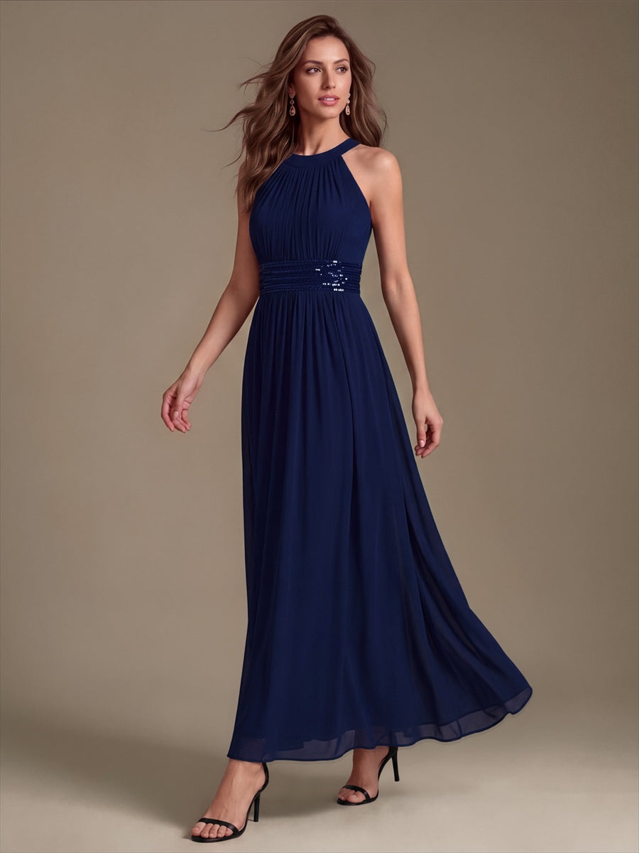 Color=Navy Blue | Corset Sash Halter Chiffon A-Line Maxi Bridesmaid Dress-Navy Blue 4