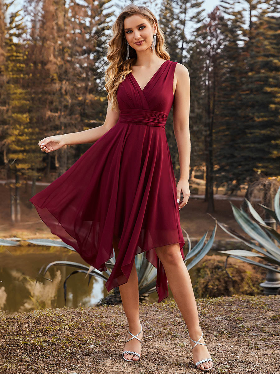 Color=Burgundy | Sleeveless V Neck Mini Wholesale Chiffon Bridesmaid Dress-Burgundy 1