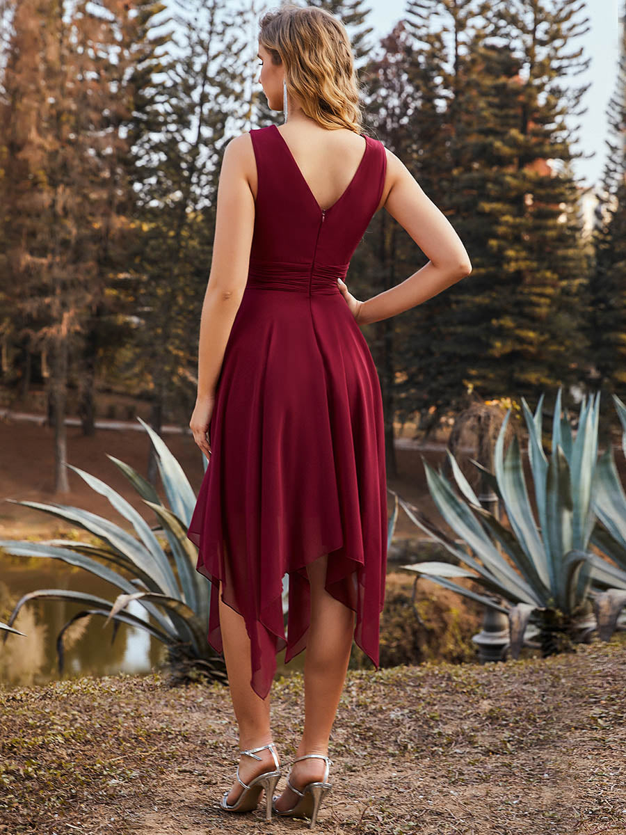Color=Burgundy | Sleeveless V Neck Mini Wholesale Chiffon Bridesmaid Dress-Burgundy 3
