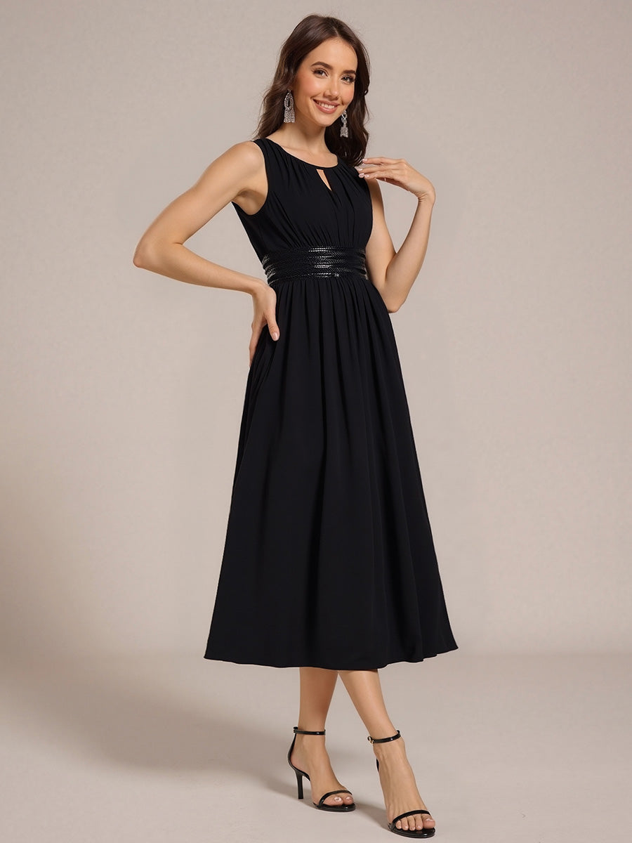 Color=Black | Factory Design Sleeveless Ruched A-Line Midi Length Round Neck Bridesmaid Dresses-Black 9