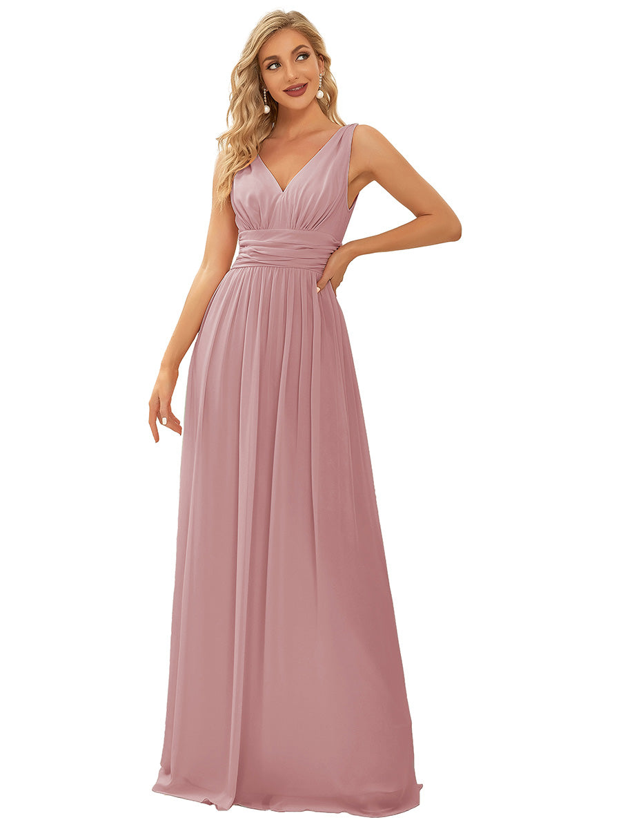 Color=Dusty Rose | Industrial Use Sleeveless V-Neck Pleated A-Line Floor Length Non-Stretch Bridesmaid Dresses - Dusty Rose 2
