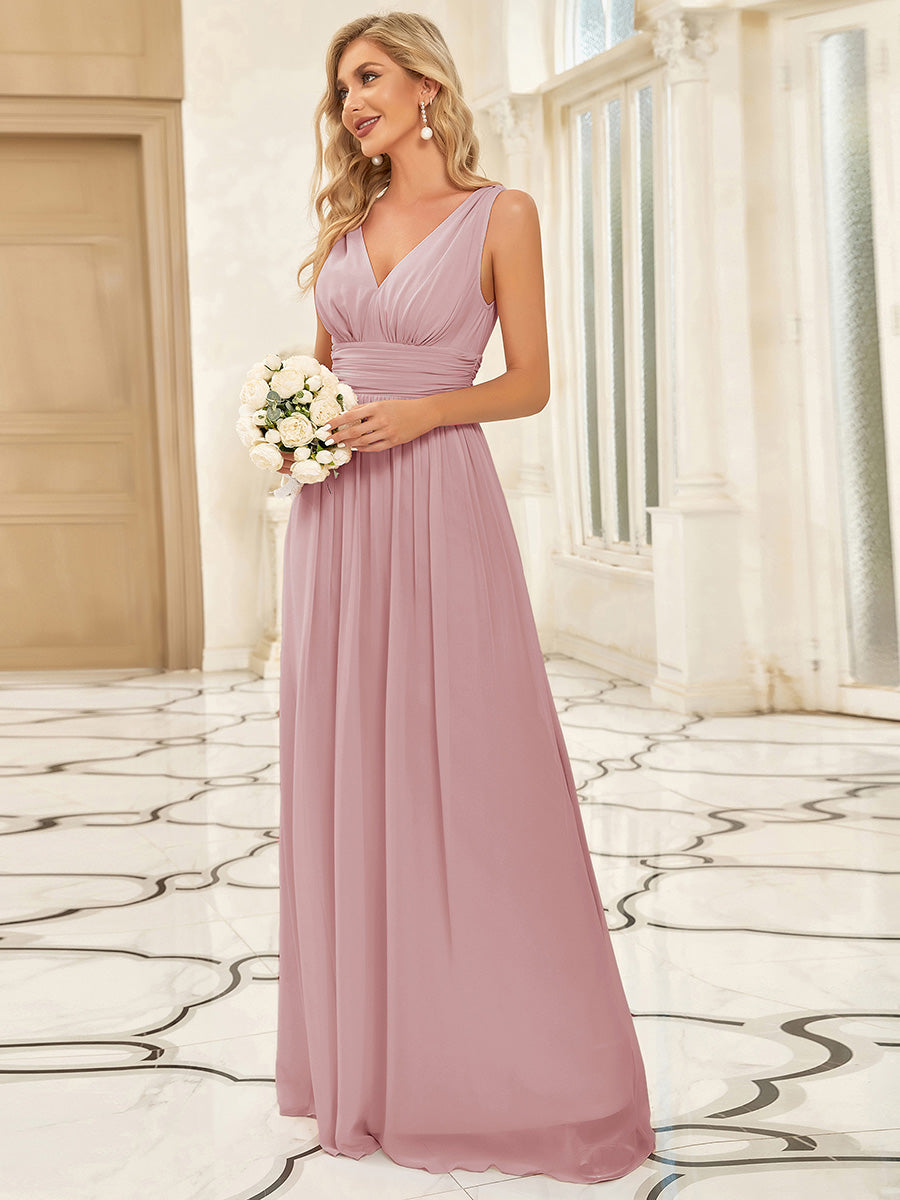 Color=Dusty Rose | Industrial Use Sleeveless V-Neck Pleated A-Line Floor Length Non-Stretch Bridesmaid Dresses - Dusty Rose 5