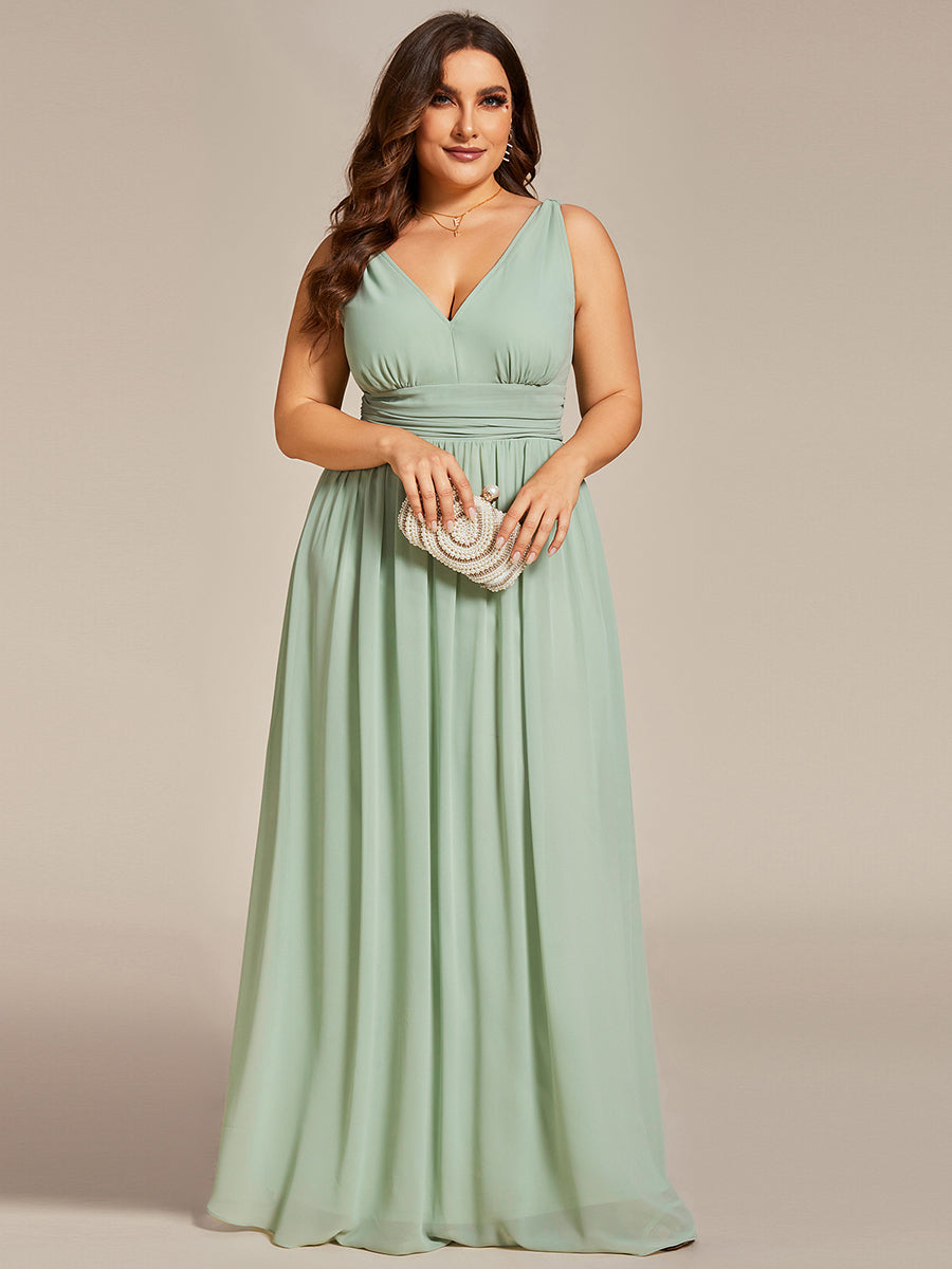 Color=Mint Green | Industrial Use Sleeveless V-Neck Pleated A-Line Floor Length Non-Stretch Bridesmaid Dresses-Mint Green 6