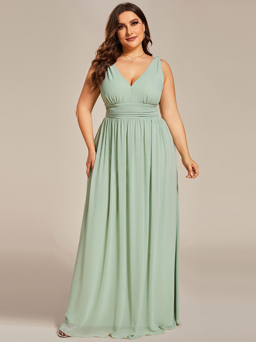 Color=Mint Green | Industrial Use Sleeveless V-Neck Pleated A-Line Floor Length Non-Stretch Bridesmaid Dresses-Mint Green 9