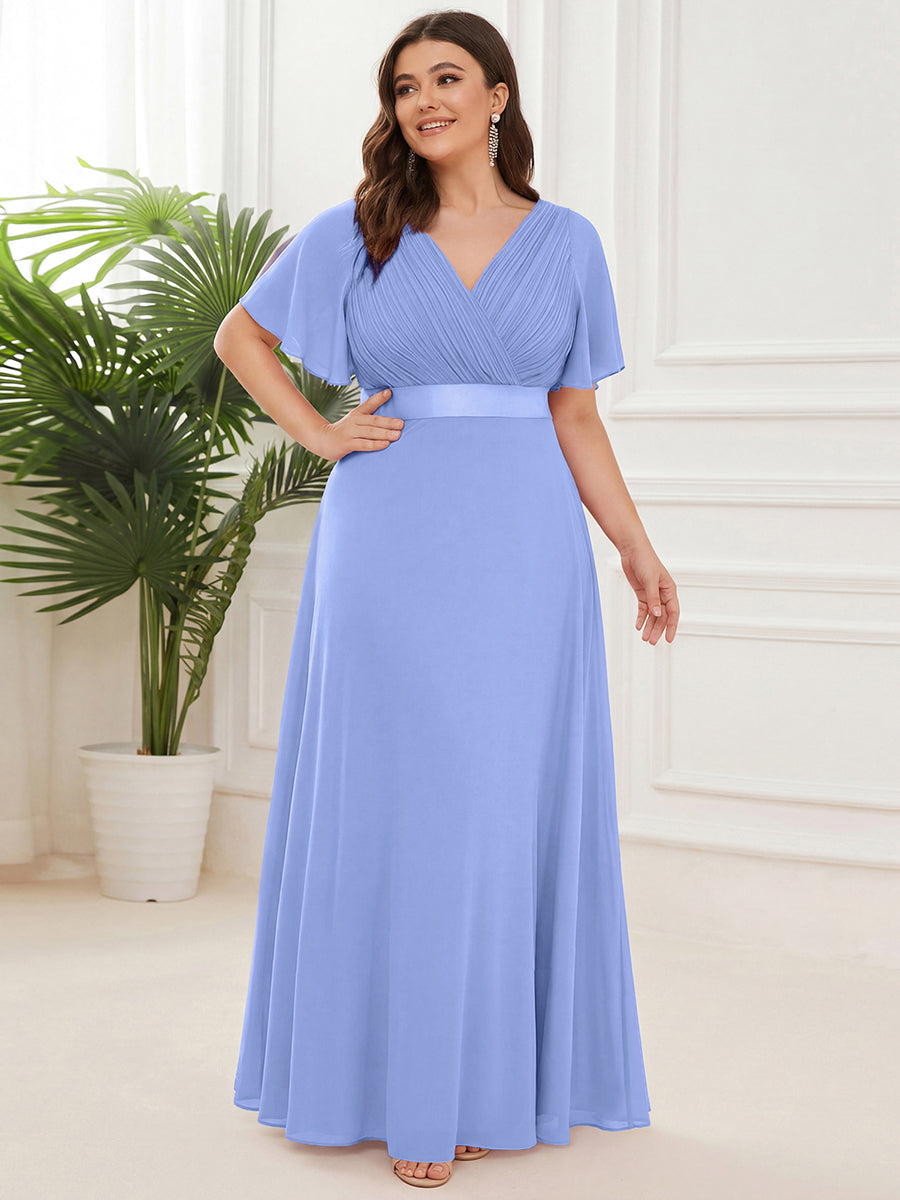 Color=Cornflower Blue | B2B-Exclusive Short Sleeve Ruffle V-Neck Pleated A-Line Floor Length Bridesmaid Dresses-Cornflower Blue 16