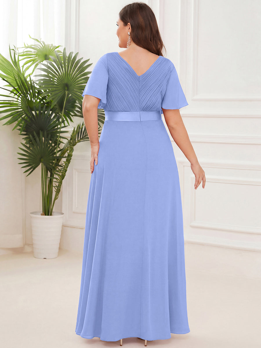 Color=Cornflower Blue | B2B-Exclusive Short Sleeve Ruffle V-Neck Pleated A-Line Floor Length Bridesmaid Dresses-Cornflower Blue 17