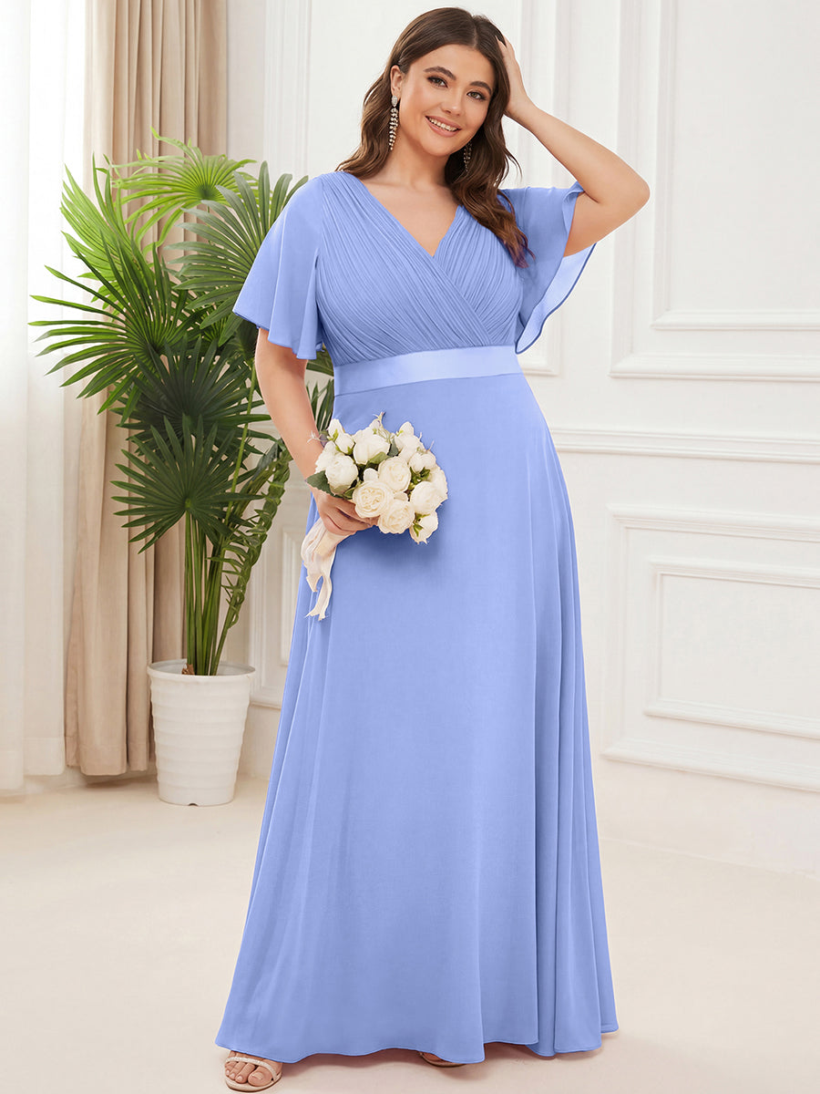 Color=Cornflower Blue | B2B-Exclusive Short Sleeve Ruffle V-Neck Pleated A-Line Floor Length Bridesmaid Dresses-Cornflower Blue 20