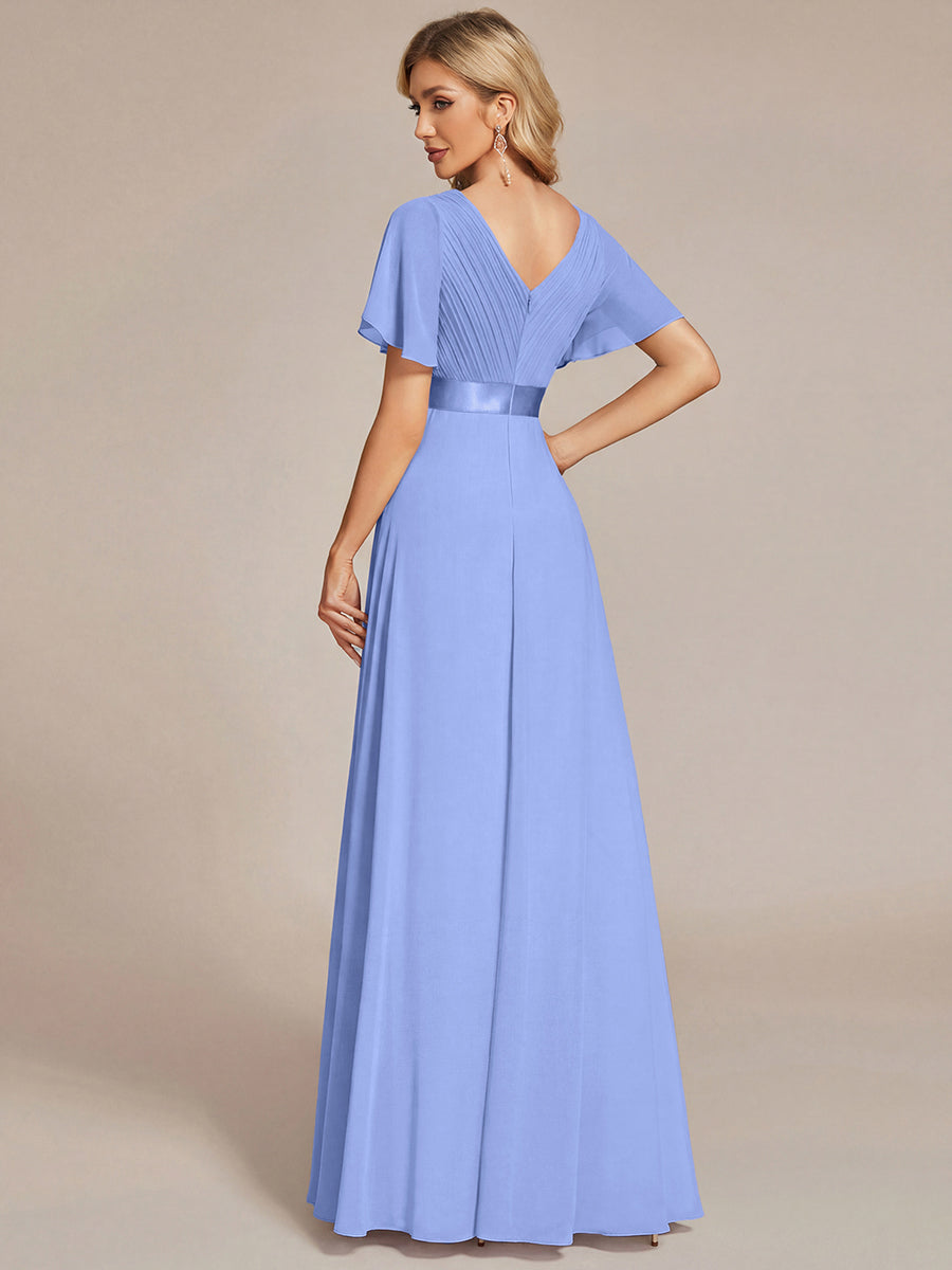 Color=Cornflower Blue | B2B-Exclusive Short Sleeve Ruffle V-Neck Pleated A-Line Floor Length Bridesmaid Dresses-Cornflower Blue 12