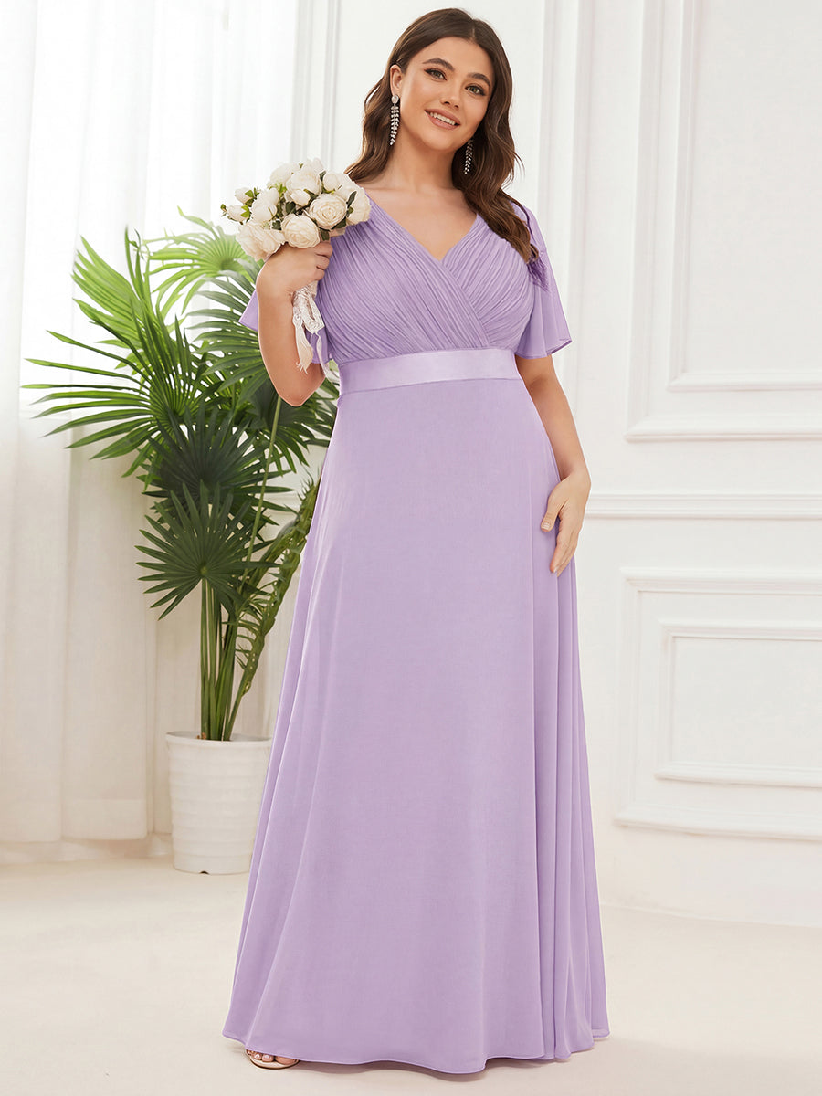 Color=Frosted Lilac | Commercial Wholesale Short Sleeve Ruffle V-Neck Pleated A-Line Floor Length Bridesmaid Dresses-Frosted Lilac 9