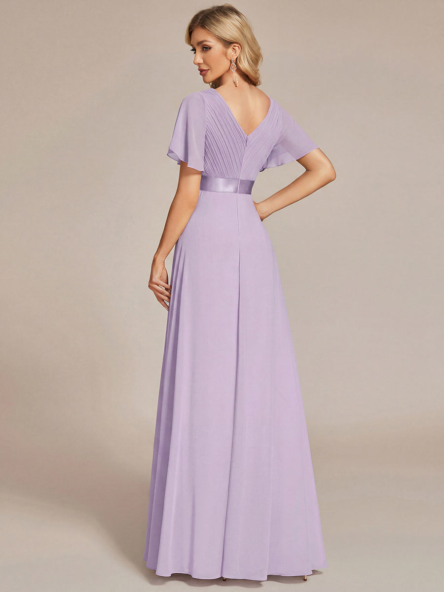 Color=Frosted Lilac | Commercial Wholesale Short Sleeve Ruffle V-Neck Pleated A-Line Floor Length Bridesmaid Dresses-Frosted Lilac 2