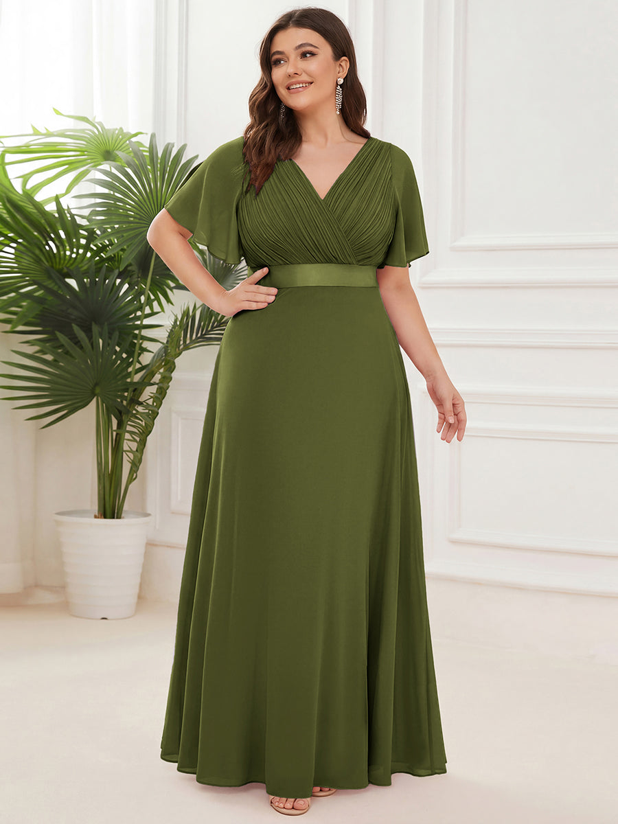 Color=Olive Green | B2B-Exclusive Short Sleeve Ruffle V-Neck Pleated A-Line Floor Length Bridesmaid Dresses-Olive Green 26