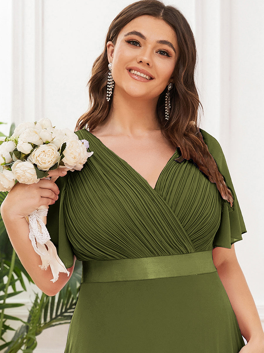 Color=Olive Green | B2B-Exclusive Short Sleeve Ruffle V-Neck Pleated A-Line Floor Length Bridesmaid Dresses-Olive Green 28