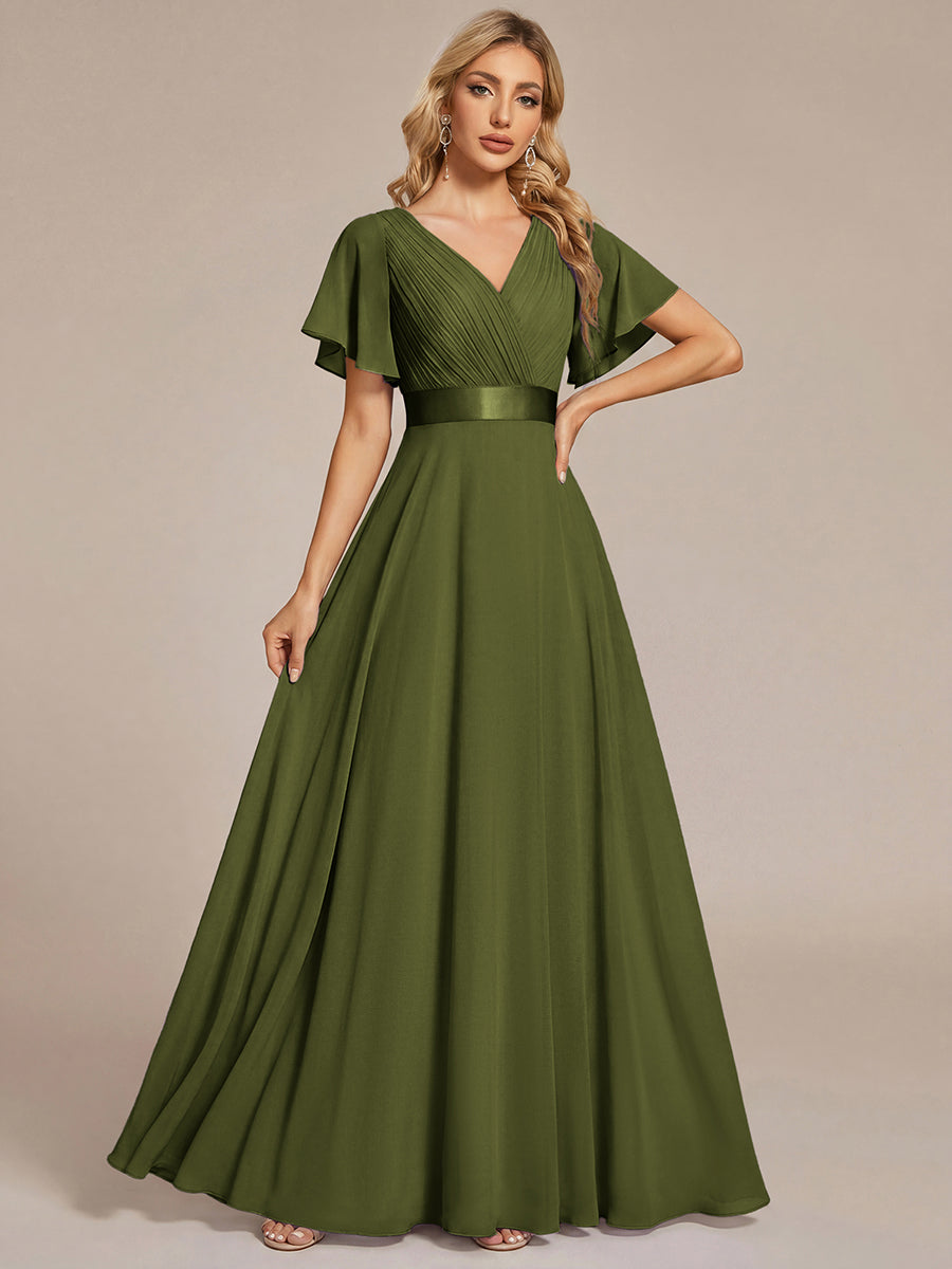 Color=Olive Green | B2B-Exclusive Short Sleeve Ruffle V-Neck Pleated A-Line Floor Length Bridesmaid Dresses-Olive Green 25